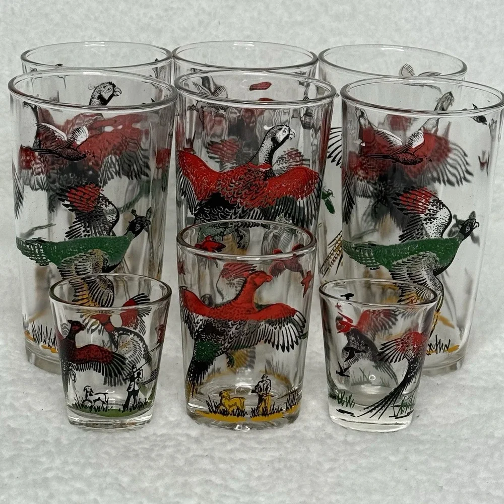 Vtg Hazel Atlas Pheasant Drinking 6 Glasses Tumblers  Shot Tumbler Red Gold 5